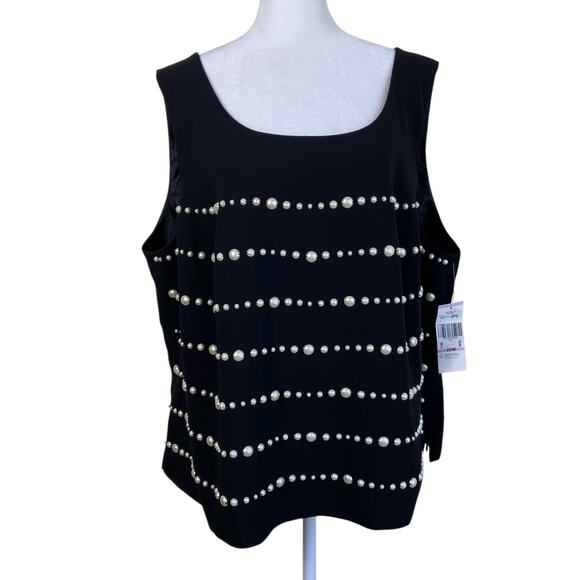 Nipon Boutique NWT Sz 22W Elegant Sleeveless Blouse With Pearls Black Tailored - Picture 1 of 16